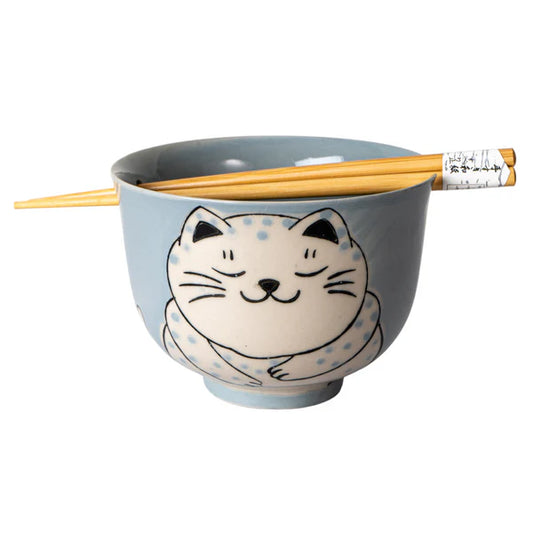 18oz Donburi Bowl With Chopsticks Set Chubby Cat Design Gray