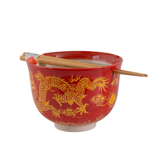 18oz Donburi Bowl With Chopsticks Set Oriental Ryu Design Red