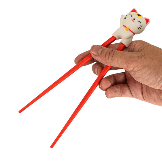 Lucky Cat Training Chopsticks White and Red Silicone