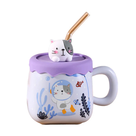 13oz Cat Diving Mug With Lid and Straw