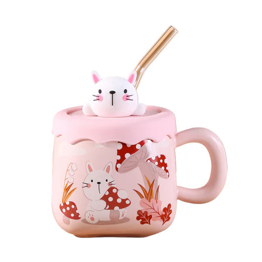 13oz Rabbit Mushrooms Mug With Lid and Straw