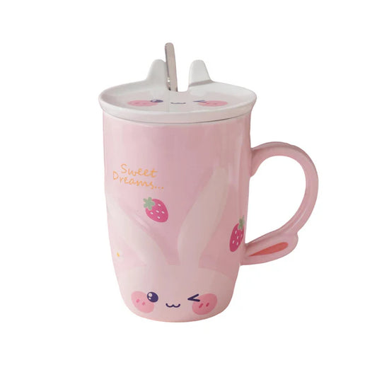 14oz Bunny Happy Rabbit White Mug With Lid and Spoon