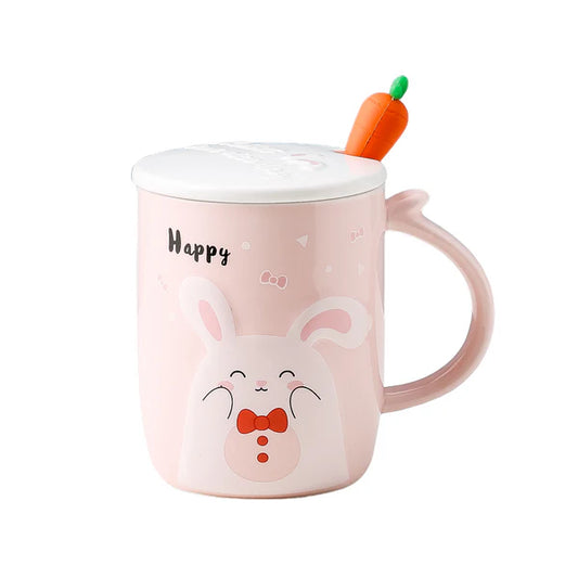 14oz Bunny Happy Rabbit White Mug With Lid and Spoon