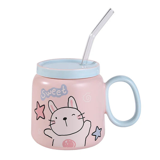 14oz Bunny Happy Rabbit Pink Mug With Lid and Straw