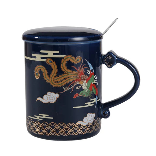 14oz Golden Dragon Mug With Lid and Spoon